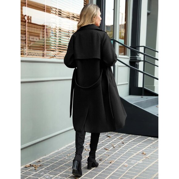⚡Women's Black Mid length Autumn and Winter Long Trench Coat With Belt Elegant - Picture 3 of 8